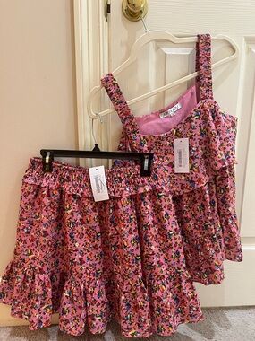 Joy Joy Bright Pink Floral Tank & Ruffled Skirt Set